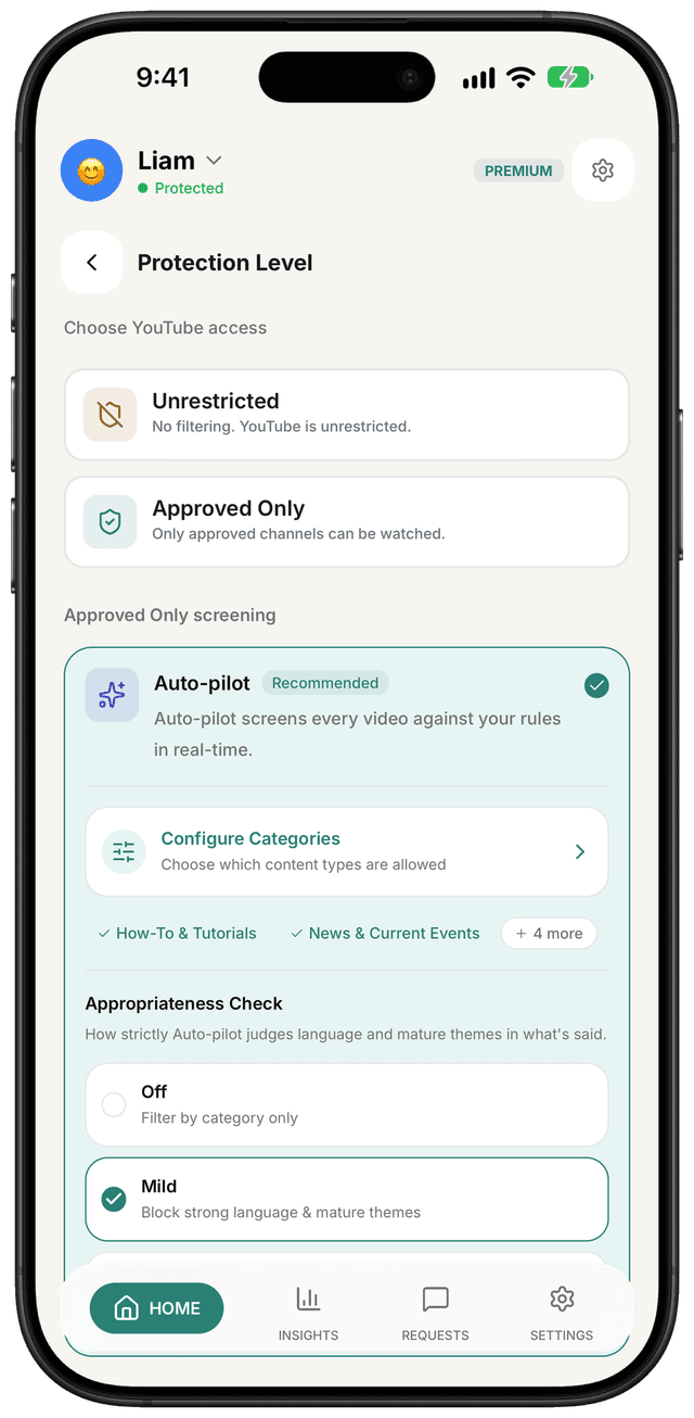 WhitelistVideo protection level set to Auto-pilot, with the Appropriateness Check Off and Mild settings
