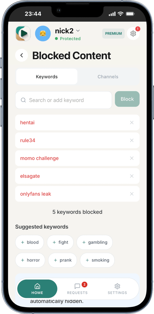 WhitelistVideo app showing blocked keywords list
