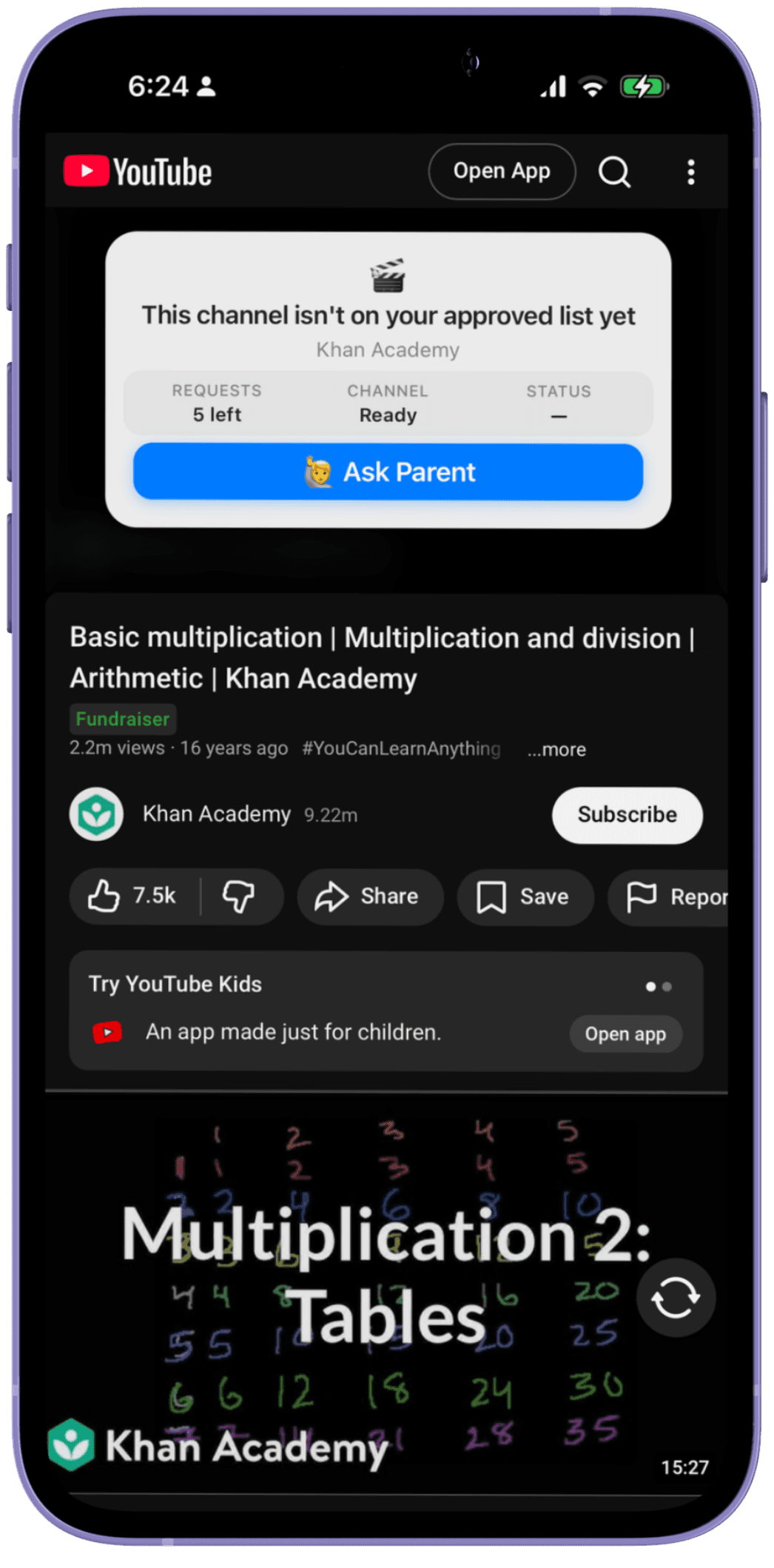 Real YouTube with WhitelistVideo: a channel that isn't approved shows an Ask Parent button