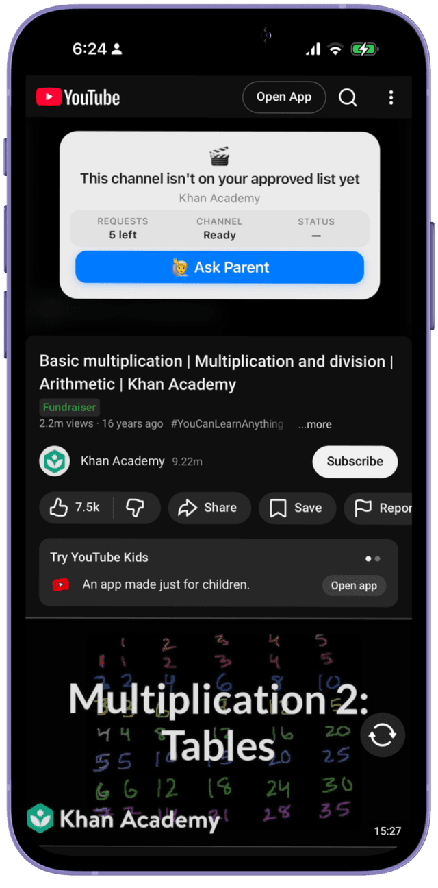 Vista del niño mostrando botón de solicitud para canal bloqueado