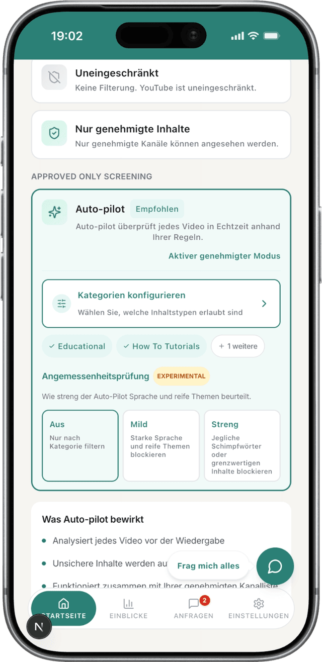 WhitelistVideo Angemessenheitskontrolle mit den Einstellungen Aus, Mild und Strenge