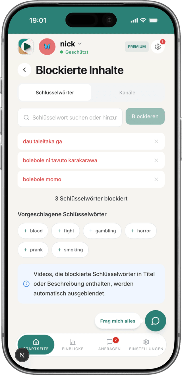 WhitelistVideo-App zeigt Liste der blockierten Keywords