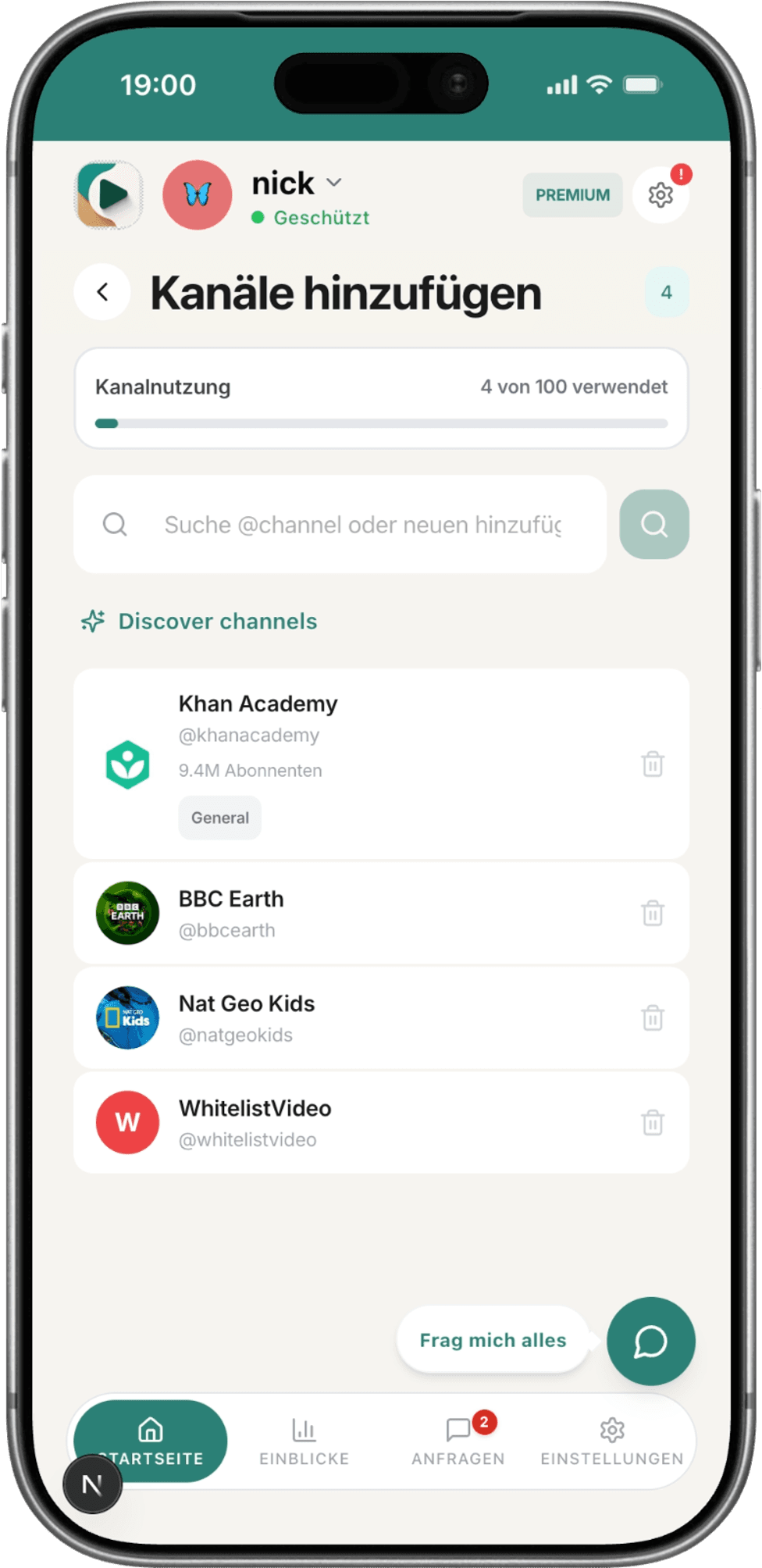 WhitelistVideo Eltern-App zeigt genehmigte YouTube-Kanäle