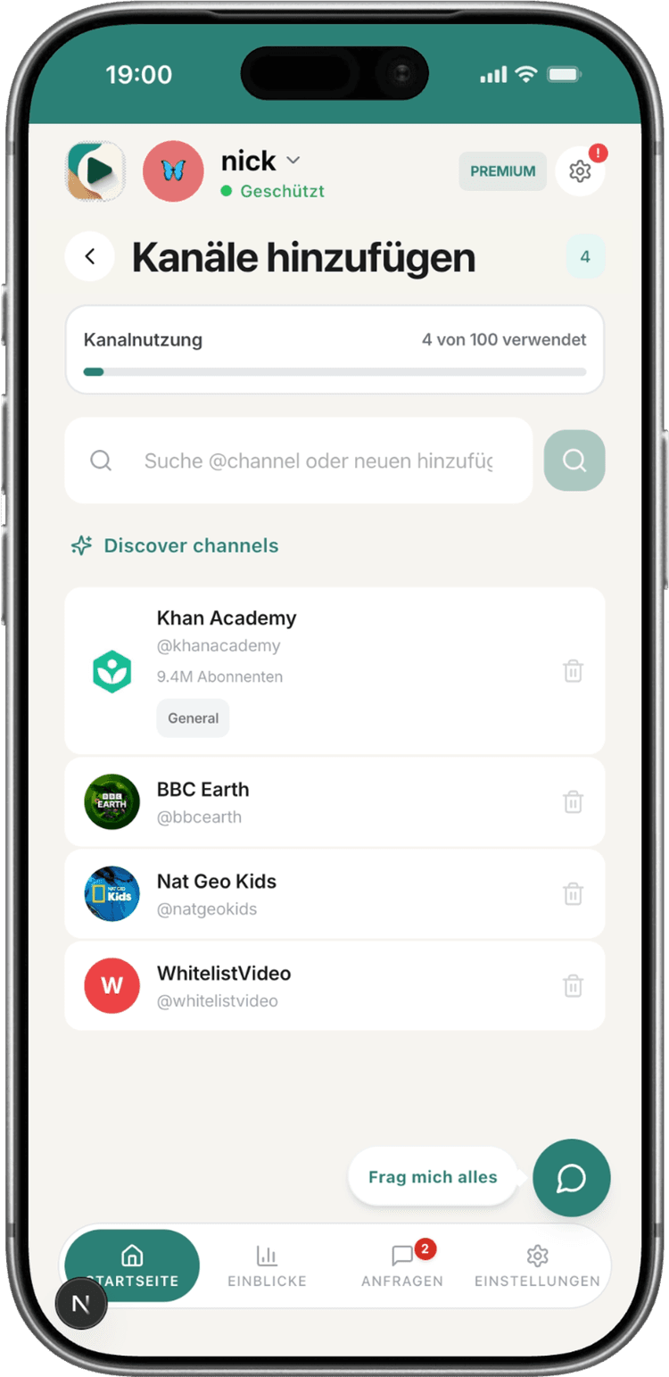 WhitelistVideo Parent App - Add Channels