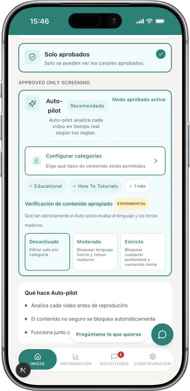 Control de idoneidad de WhitelistVideo mostrando ajustes de Desactivado, Moderado y Estricto