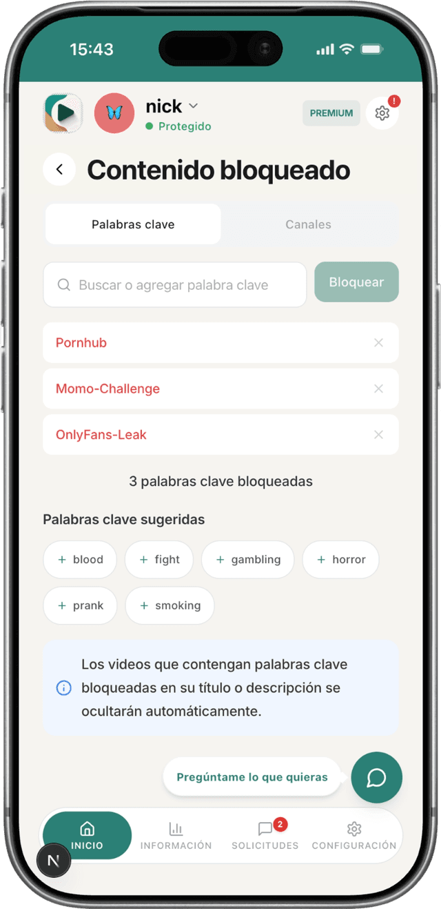 Aplicación WhitelistVideo mostrando lista de palabras clave bloqueadas
