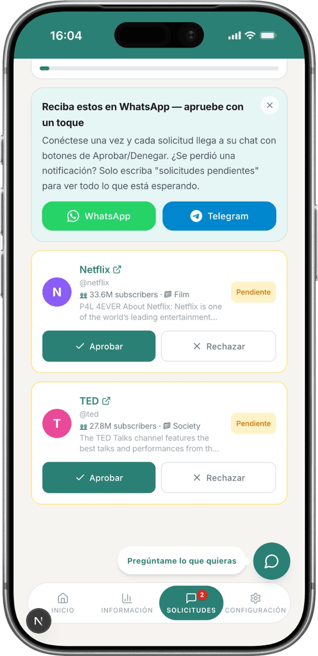 Vista del padre mostrando opciones de aprobar/rechazar
