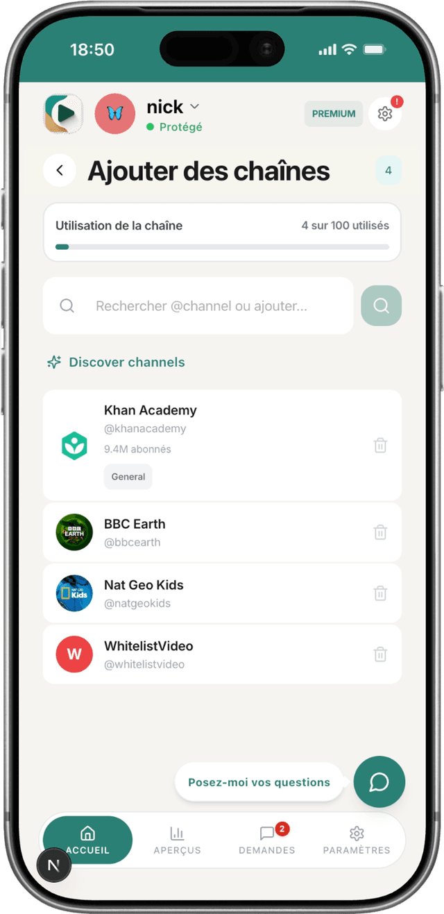 Application WhitelistVideo montrant la liste des chaînes approuvées