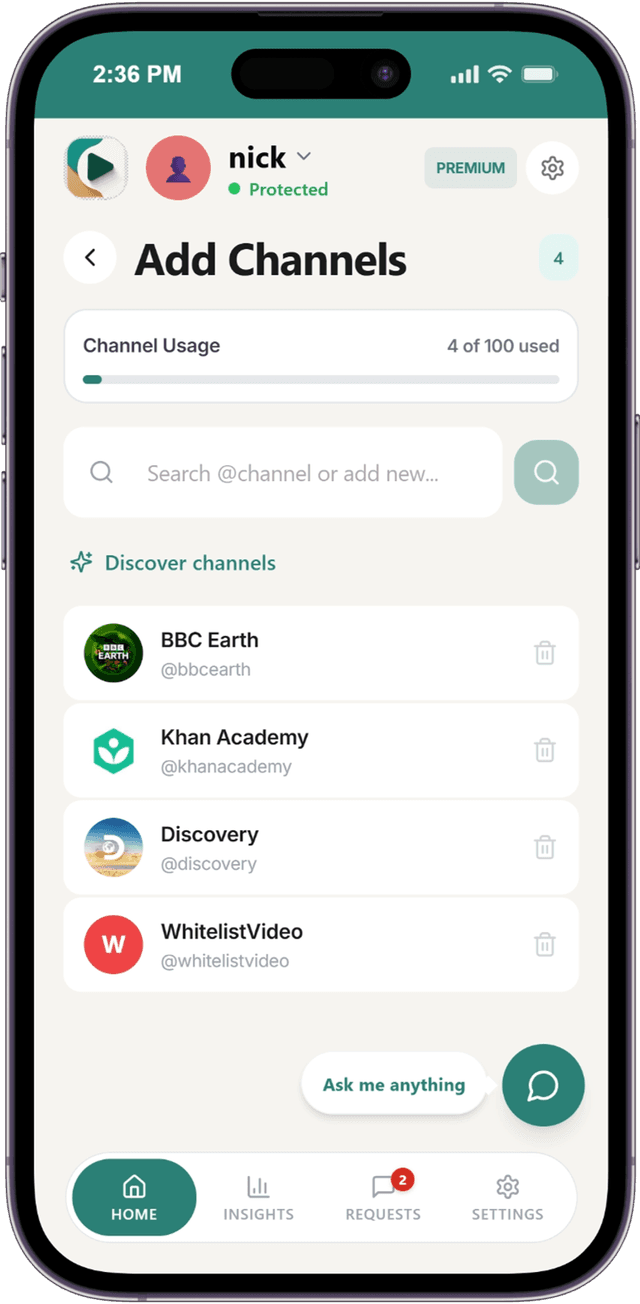WhitelistVideo app showing approved channel list