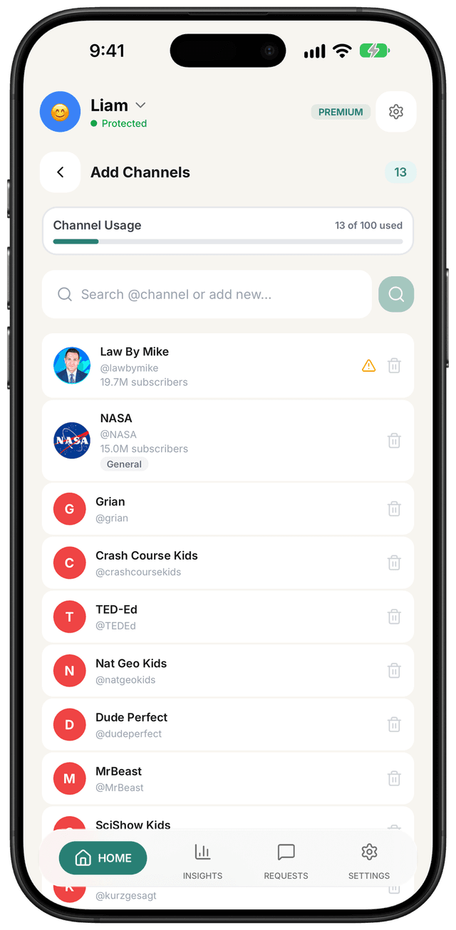 WhitelistVideo app showing approved channel list