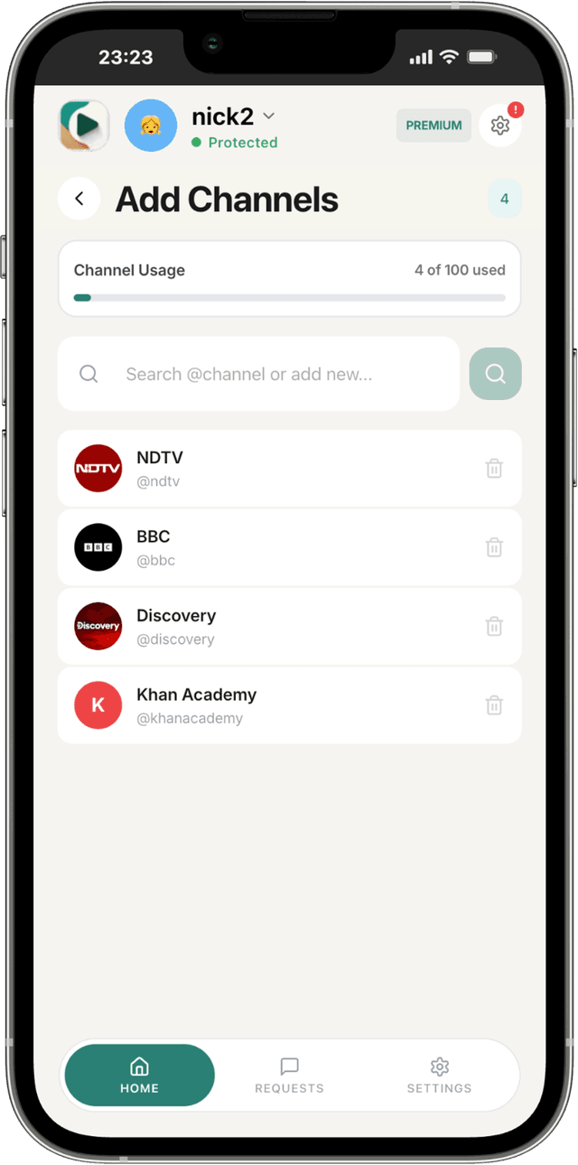 WhitelistVideo app showing approved channel list