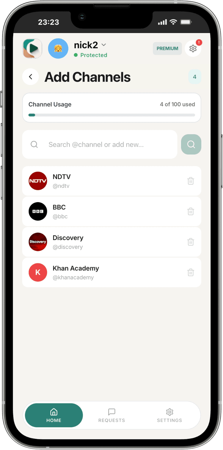 WhitelistVideo Parent App - Add Channels