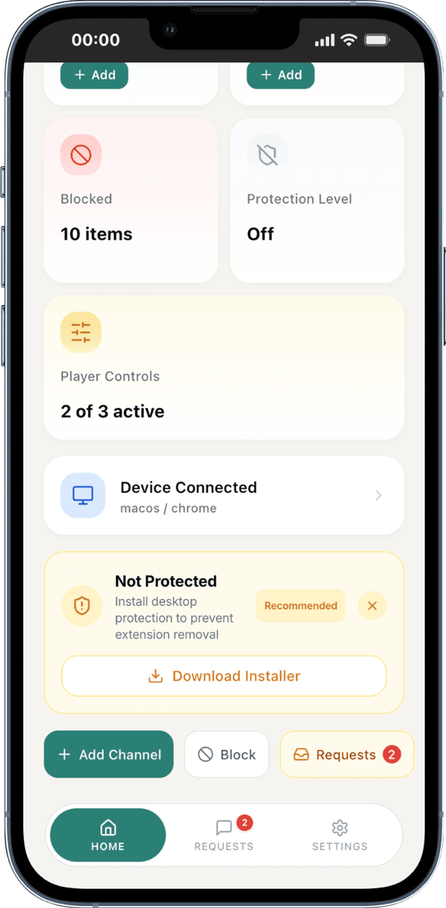 Parent dashboard home screen with device status and quick actions