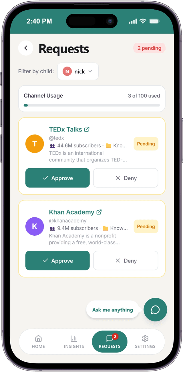 Parent's view showing approve/deny options