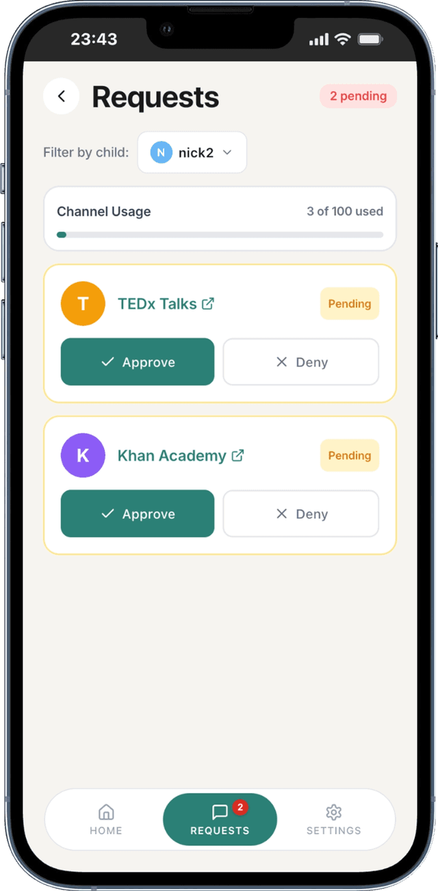 Parent's view showing approve/deny options