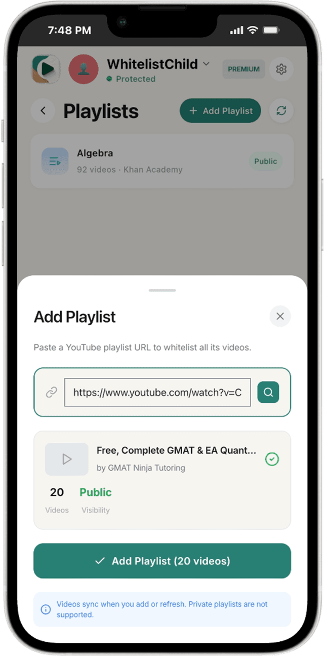 WhitelistVideo Add Playlist - paste a YouTube playlist URL to whitelist all its videos
