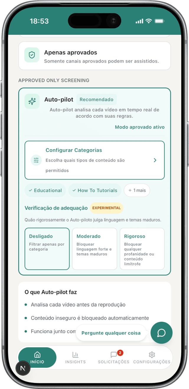 Controle de adequação do WhitelistVideo mostrando configurações Off, Mild e Strict