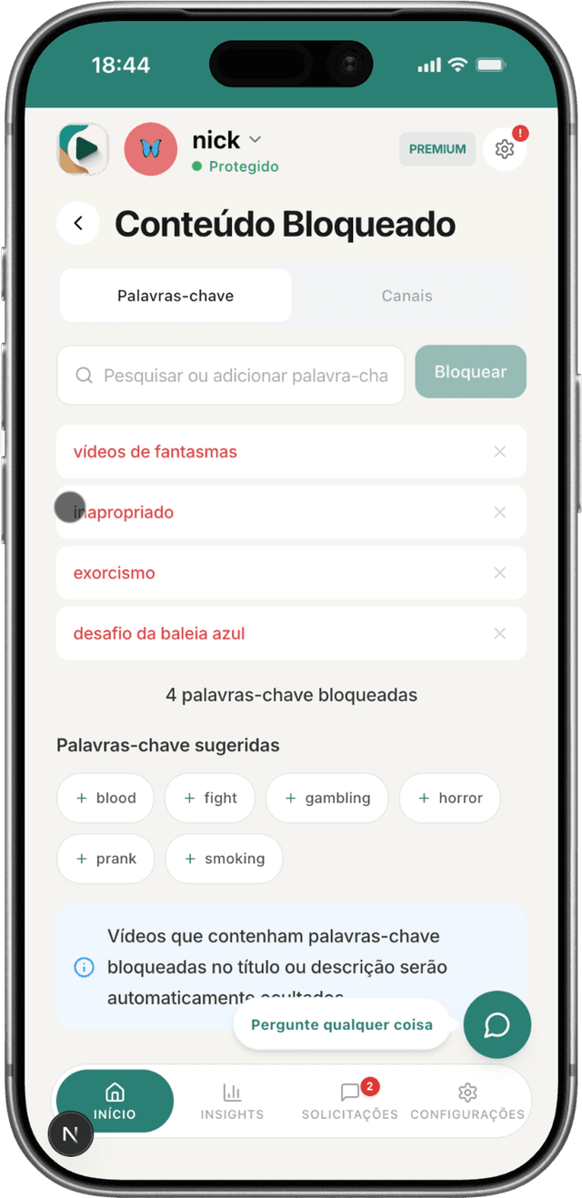App WhitelistVideo mostrando a lista de palavras-chave bloqueadas