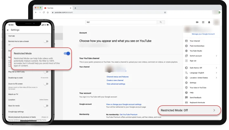 YouTube Restricted Mode setting on the web and in the YouTube app