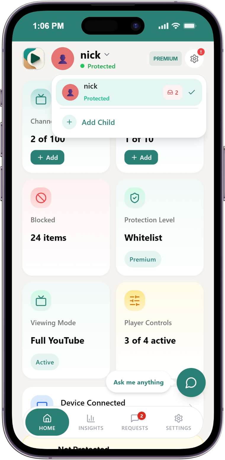 Dashboard showing Add Child option