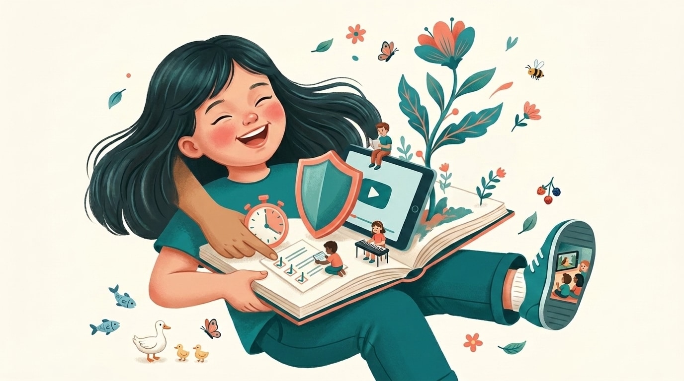 A child watching a wholesome video surrounded by layered YouTube parental controls — a screen-time timer, a content shield, and an approved-channel checklist