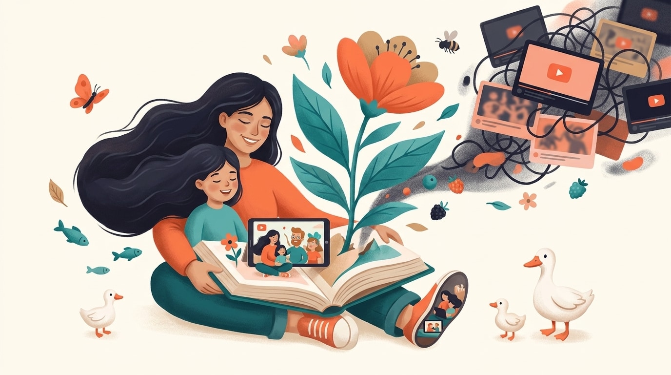 A parent and child watching an approved YouTube video together while unfiltered content drifts away — the difference between whitelisting and Restricted Mode