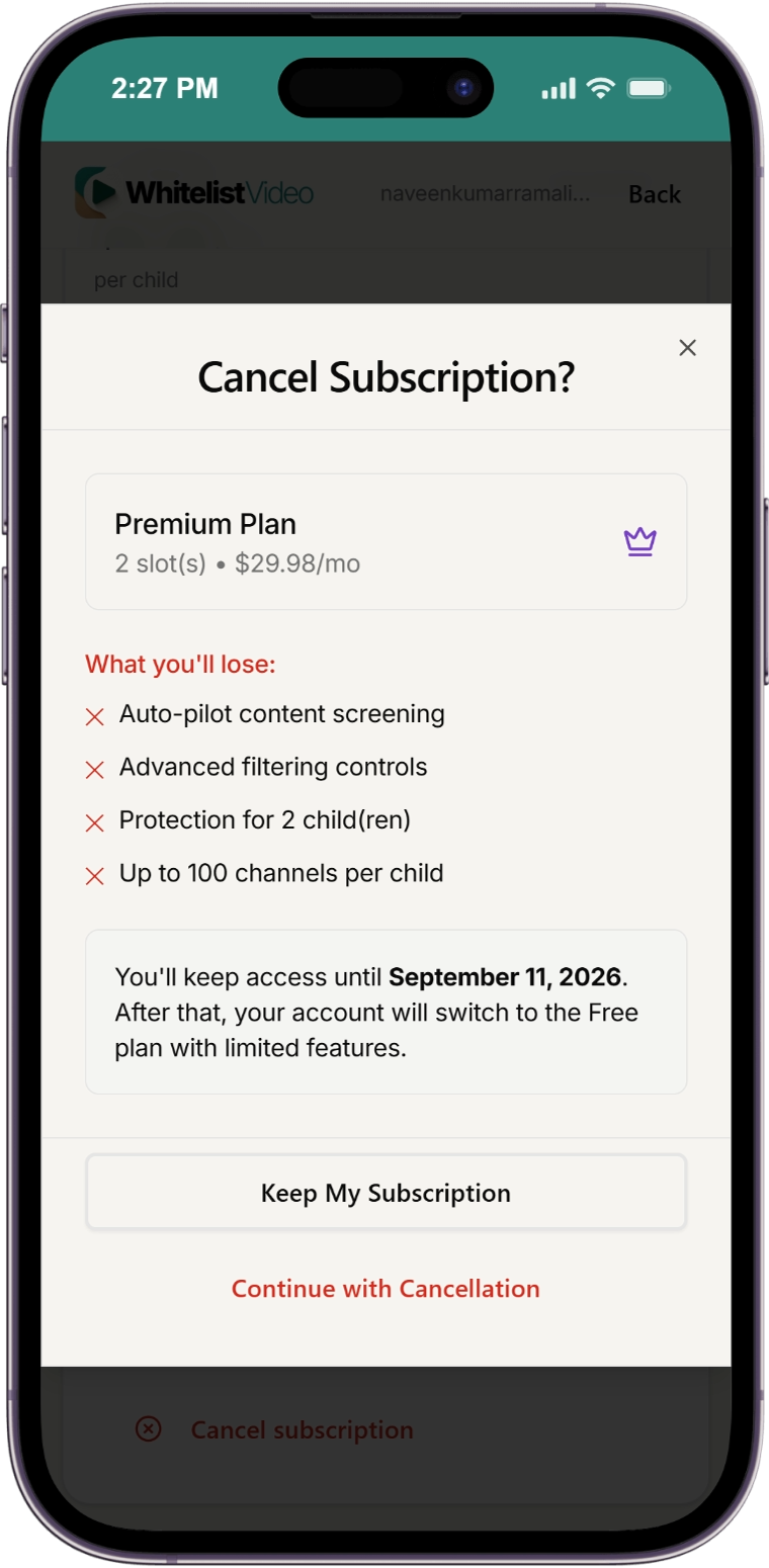 Cancel Subscription confirmation dialog