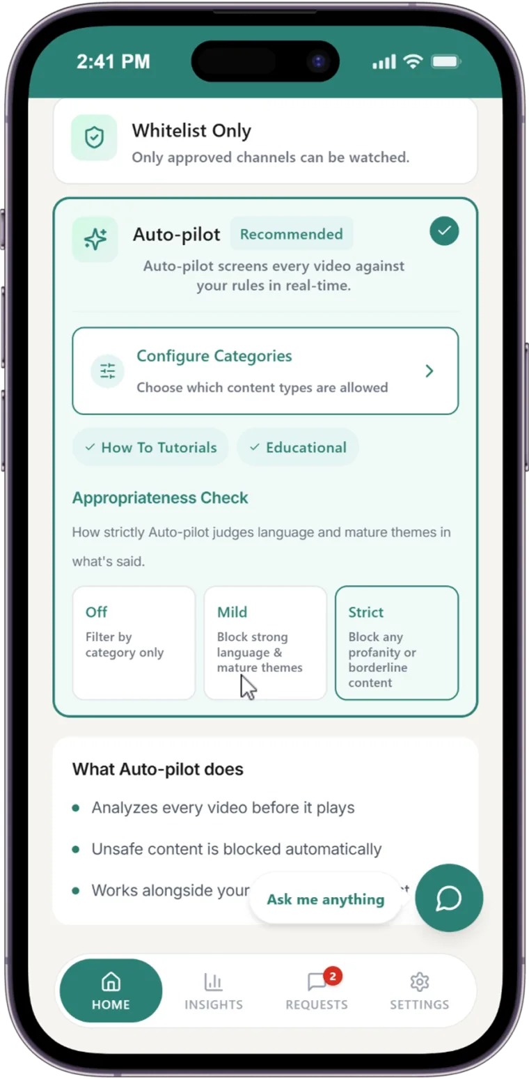 WhitelistVideo Eltern-App: Auto-pilot mit Bildungsthemen und der Angemessenheitsprüfung auf Streng