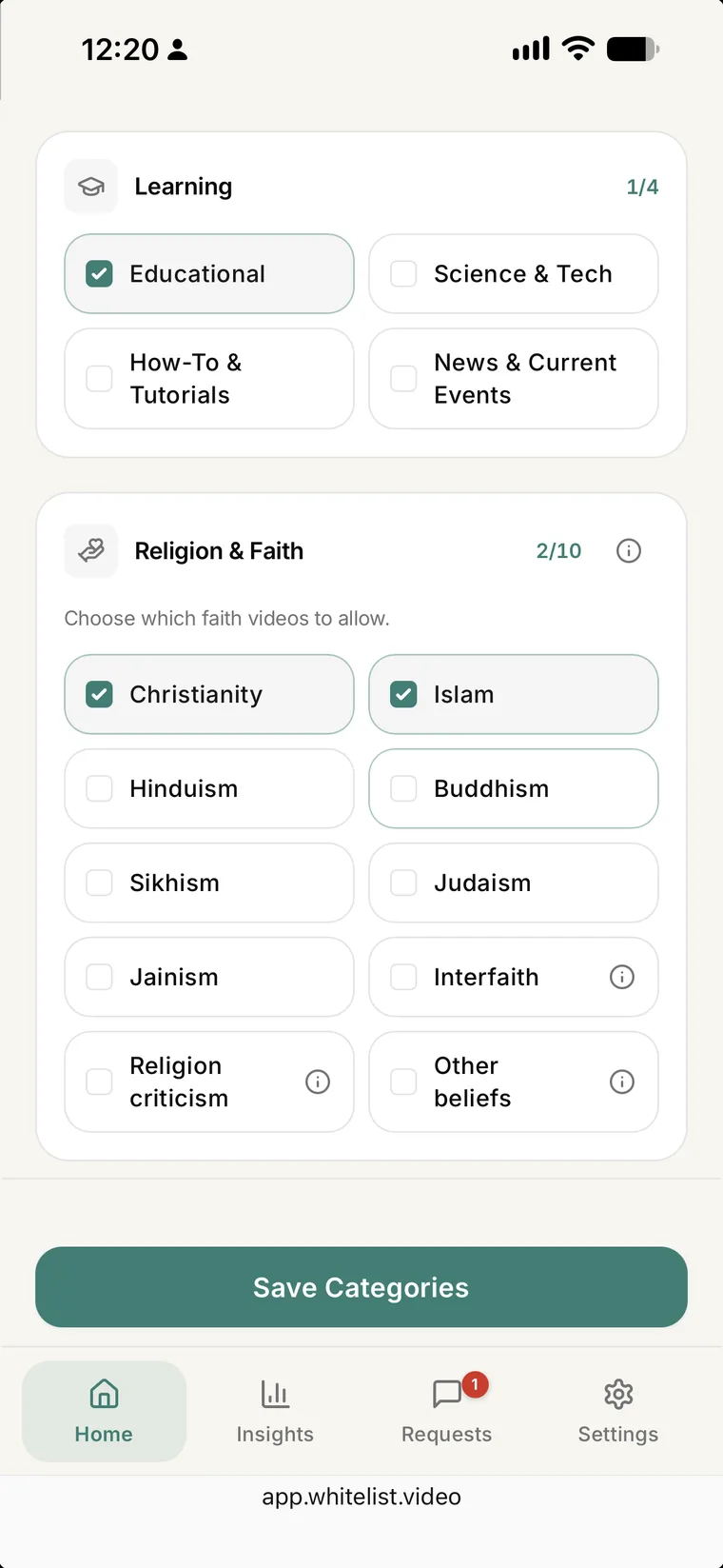 WhitelistVideo-Elterndashboard: Kategorien Religion & Glaube mit Christentum und Islam ausgewählt