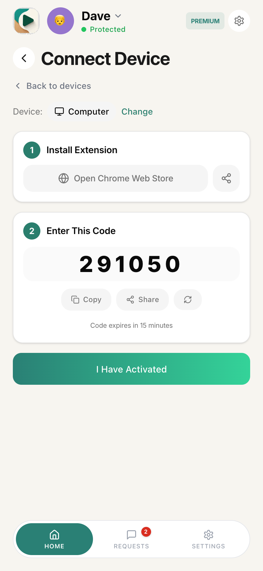 Activation code screen showing 6-digit code with Copy and Share buttons