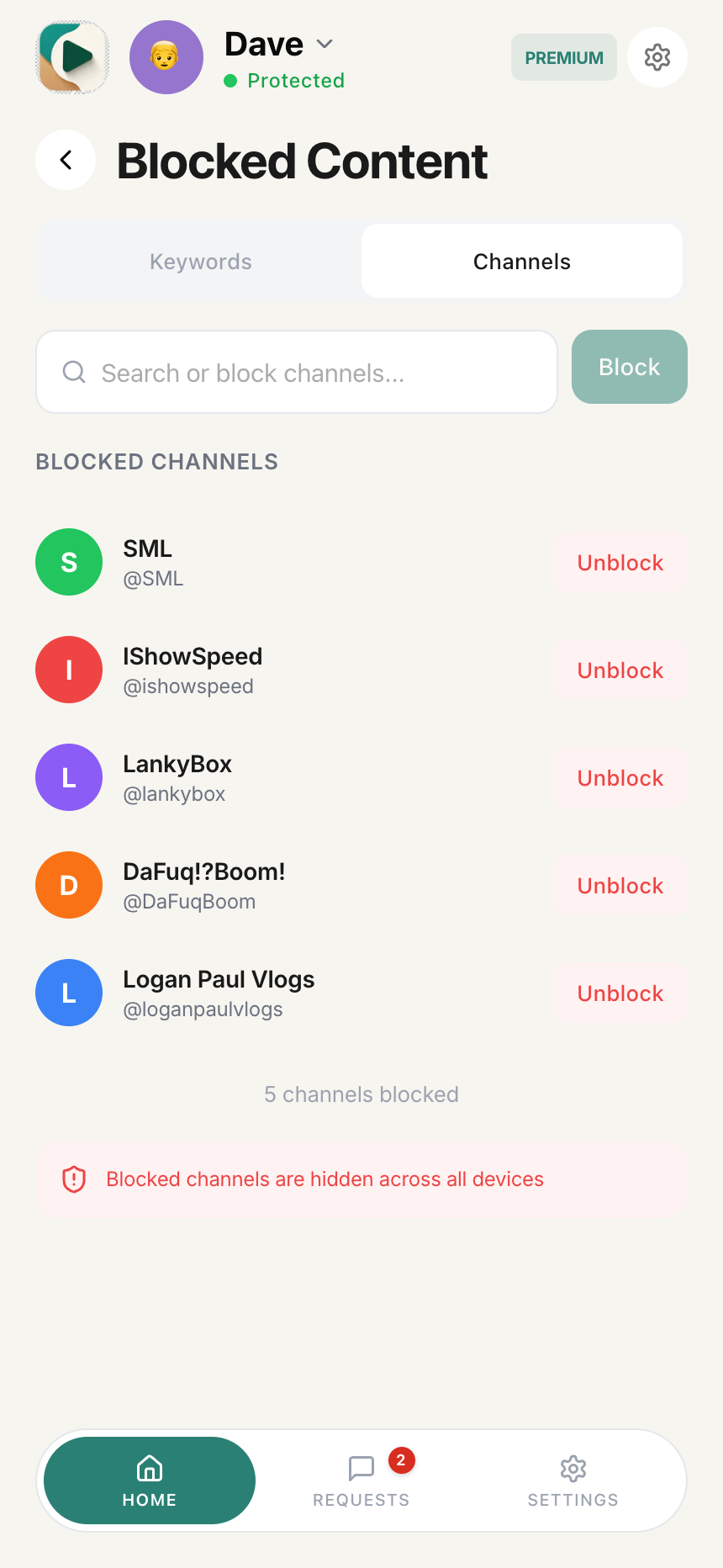 Blocked Content Channels tab showing blocked channels with Unblock buttons