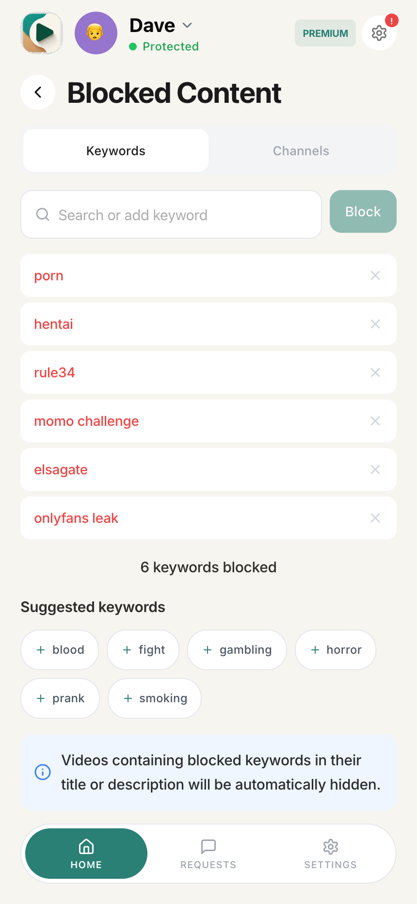 Blocked Content view with Keywords tab