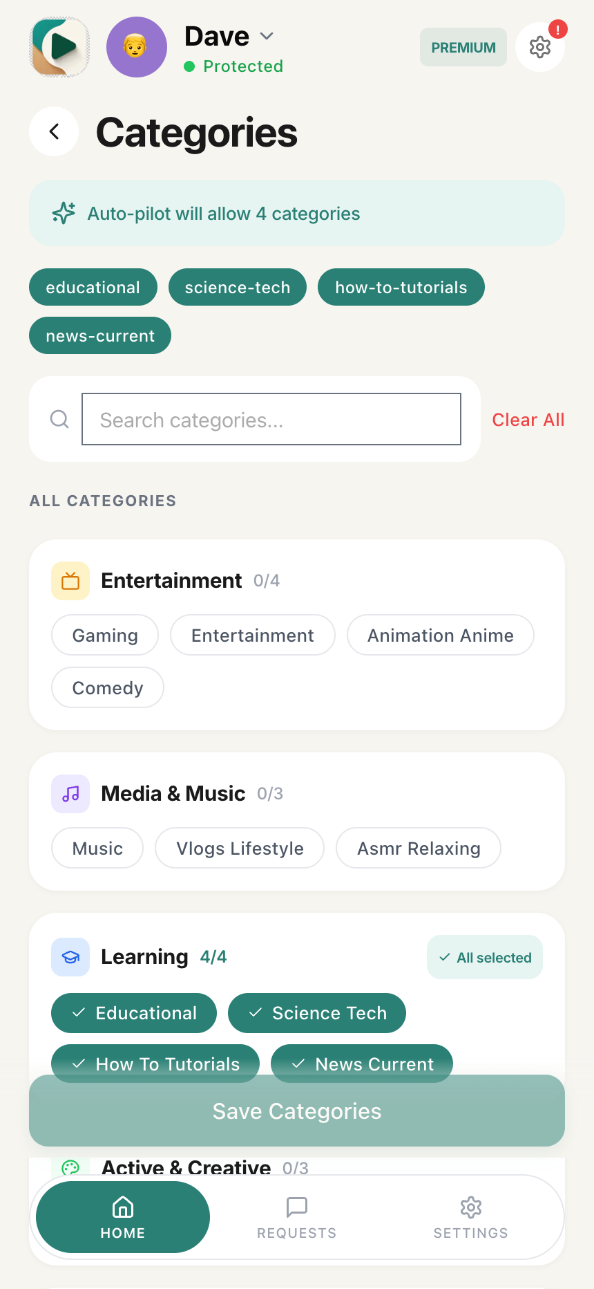 Category groups showing Learning (all selected), Active & Creative, and Discovery with Save Categories button