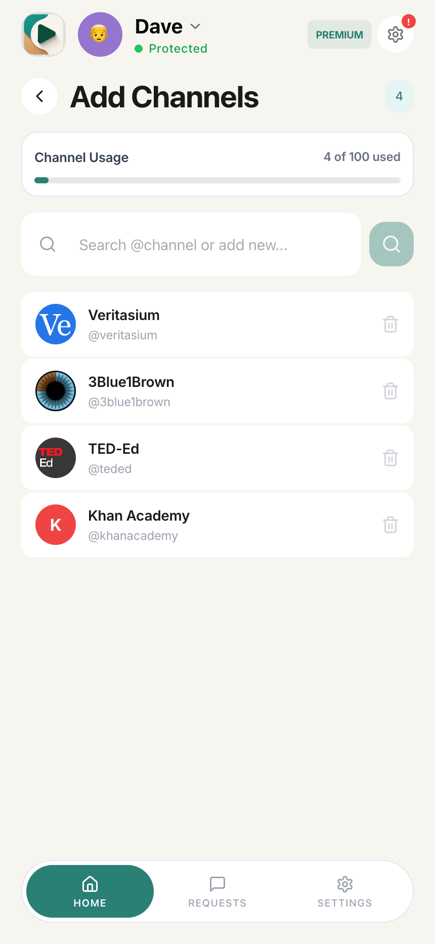 Channels view with search bar and channel list
