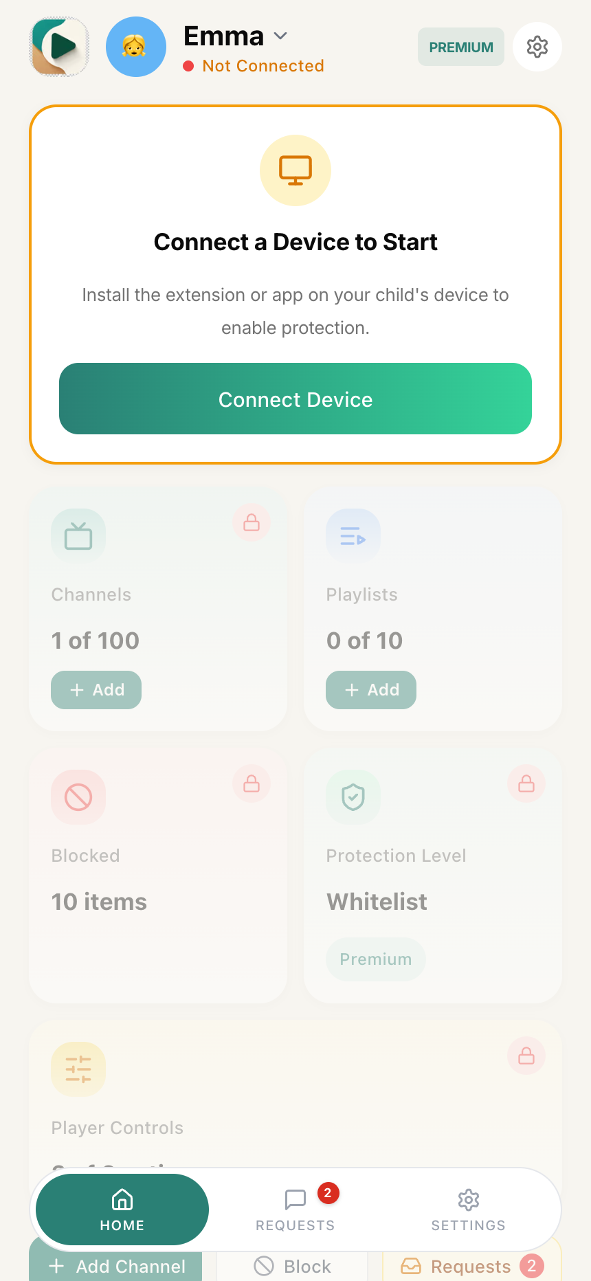 Child dashboard showing 'Connect a Device to Start' card with Connect Device button