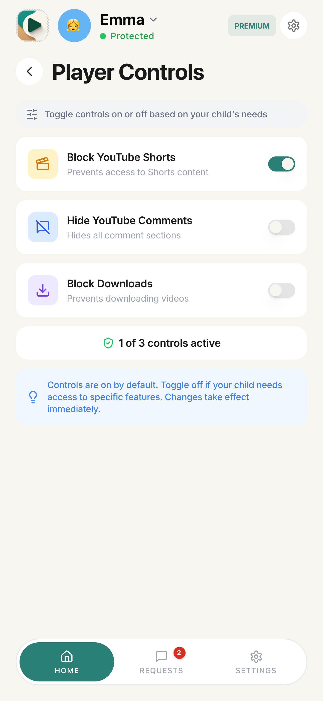 Player Controls view showing 3 toggles with status