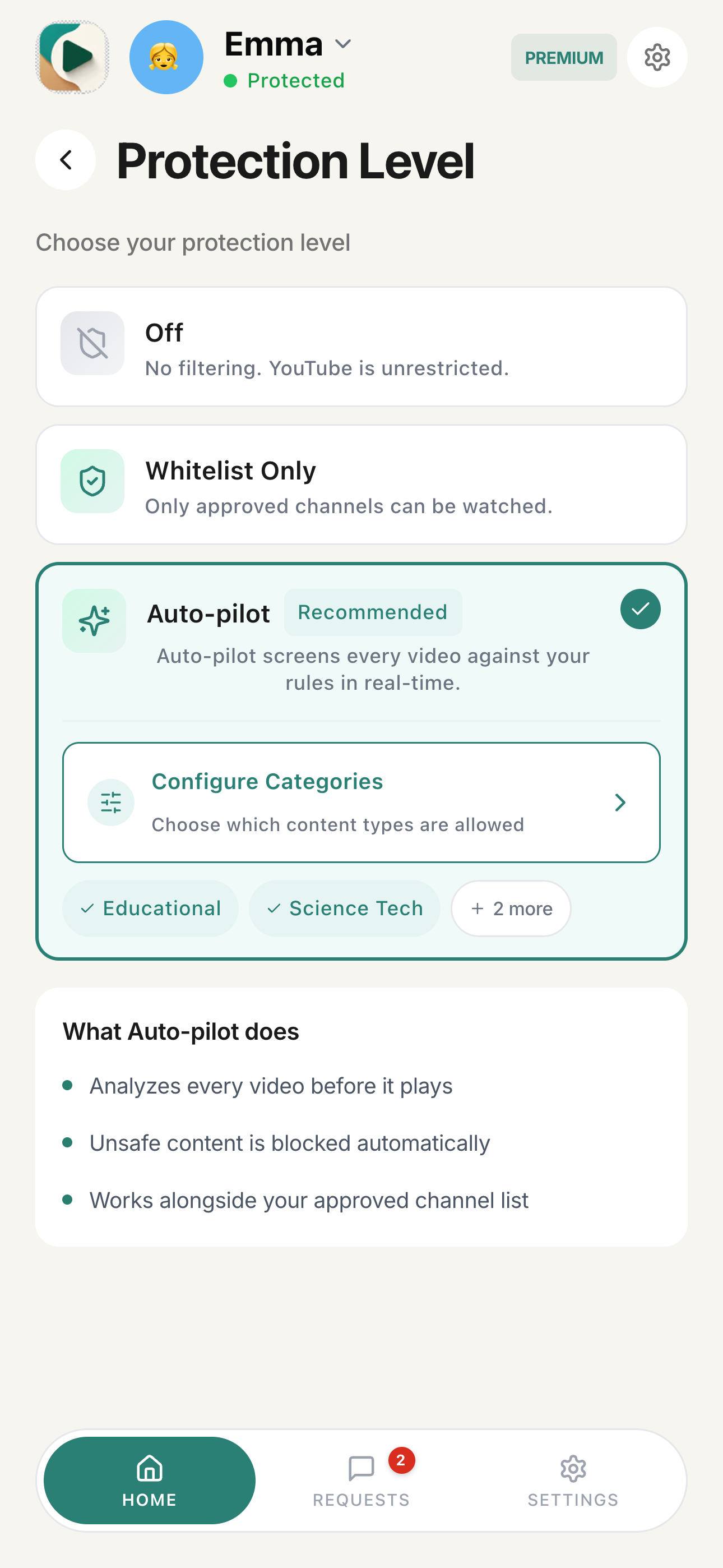 Protection Level selector showing Off, Whitelist Only, and Auto-pilot options