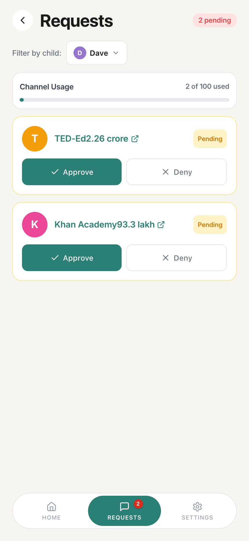 Requests view showing 3 pending channel requests with Approve and Deny buttons