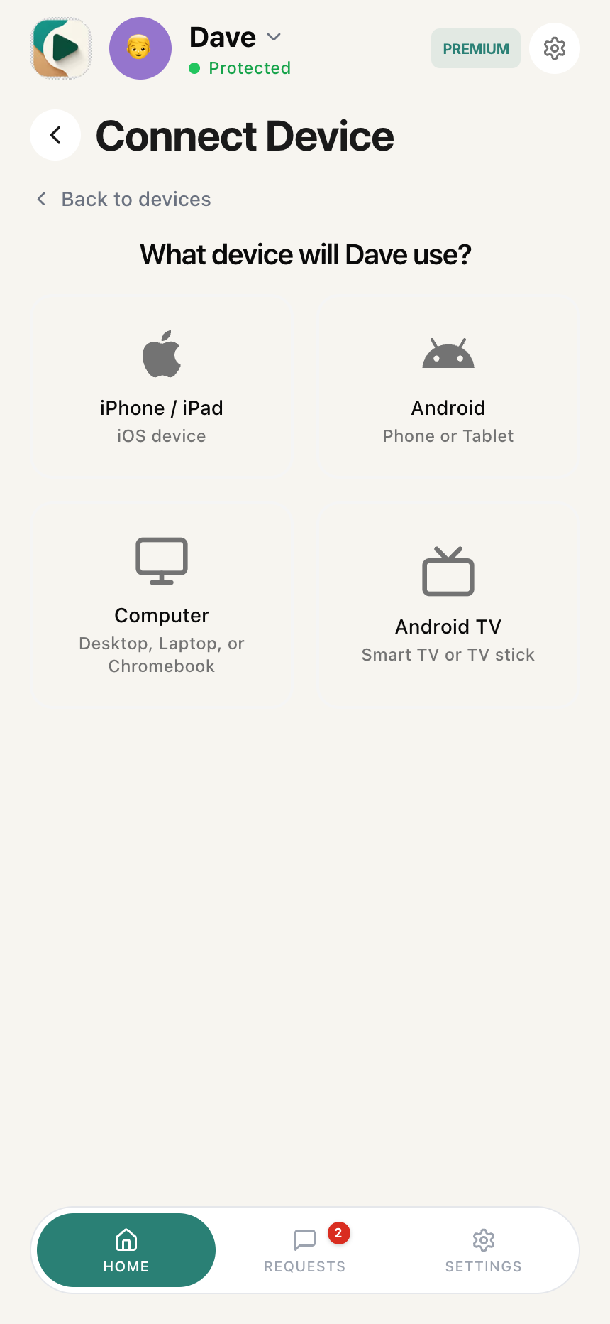 Platform picker asking 'What device will your child use?' with iPhone/iPad, Android, Computer, and Android TV options