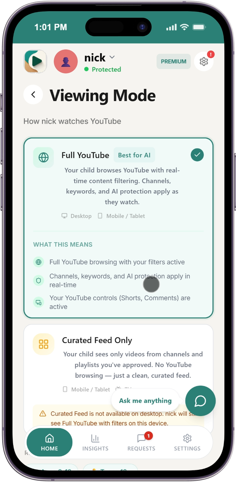 Viewing Mode selection screen with Full YouTube and Curated Feed options
